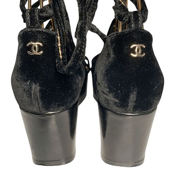 Chanel Interlocking CC Logo Wood Platform Velvet Gladiator Sandal EU 39 US 8-8.5 - Picture 4 of 11